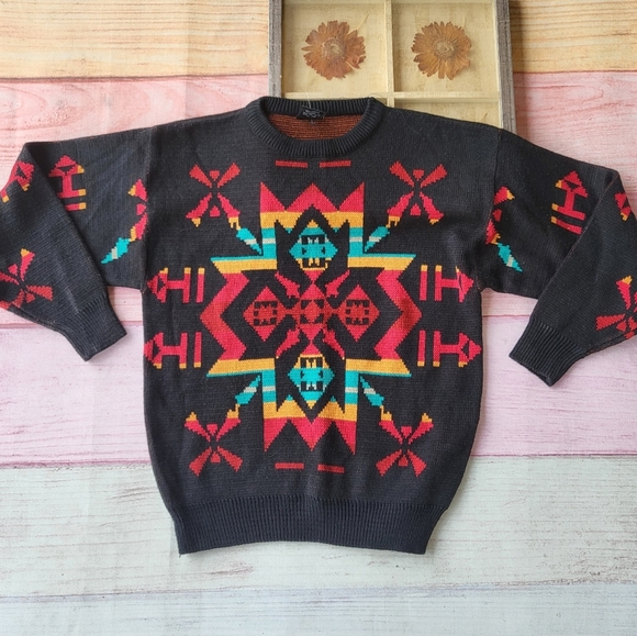 Vintage Sweaters - Vintage Xstatx Black Rainbow Graphic Unisex Pullover Sweater Large
